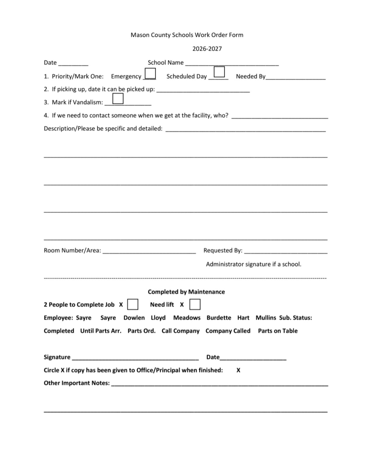 Blank Mason County Schools Work Order Form for 2026–2027